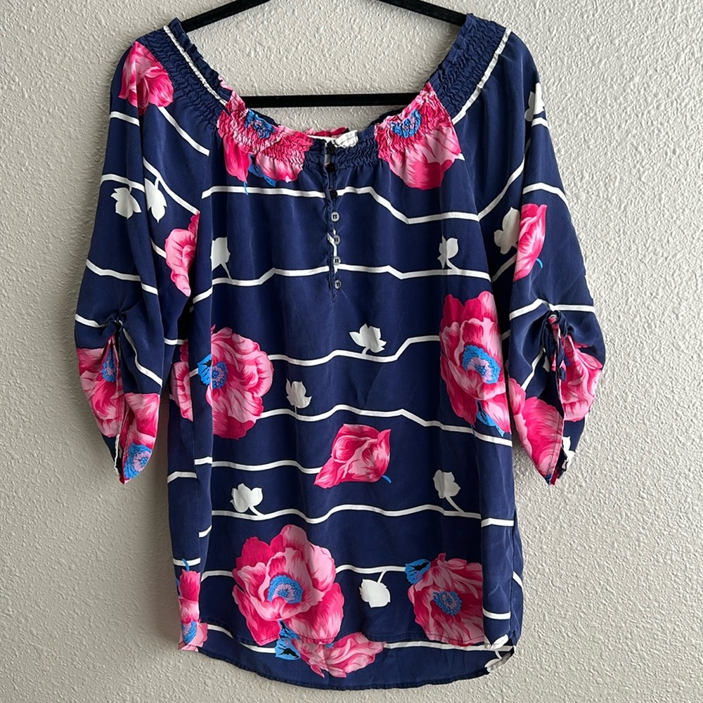 Yumi Kim Navy Floral Off-Shoulder Blouse with Pink & Blue Flowers